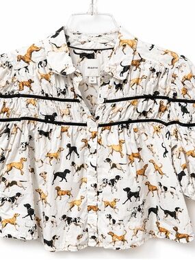 Maeve Anthropologie Dog Print Blouse Size S Puff Sleeve Black Trim Button Front